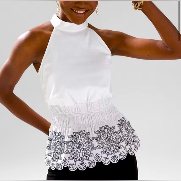 White House Black Market White Halter Blouse with Black Detailing - Picture 1 of 13